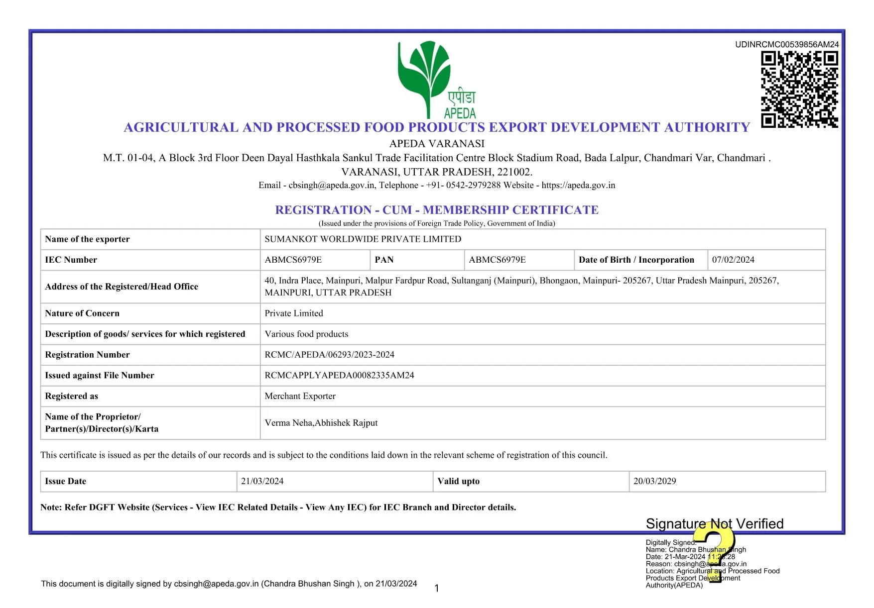 Incorporation certificate